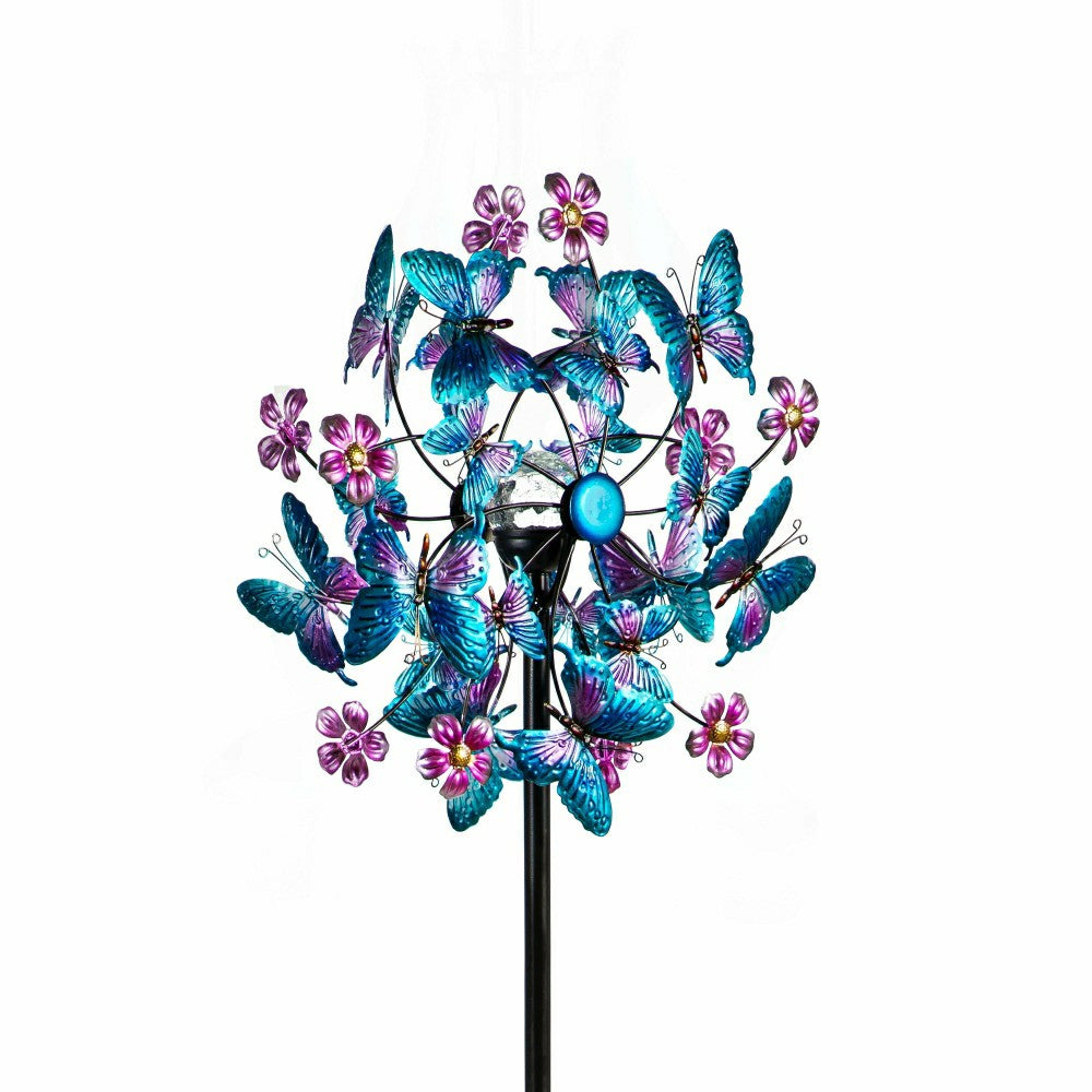 Plow & Hearth Blue Butterfly & Flowers Solar Metal Wind Spinner, 74" H