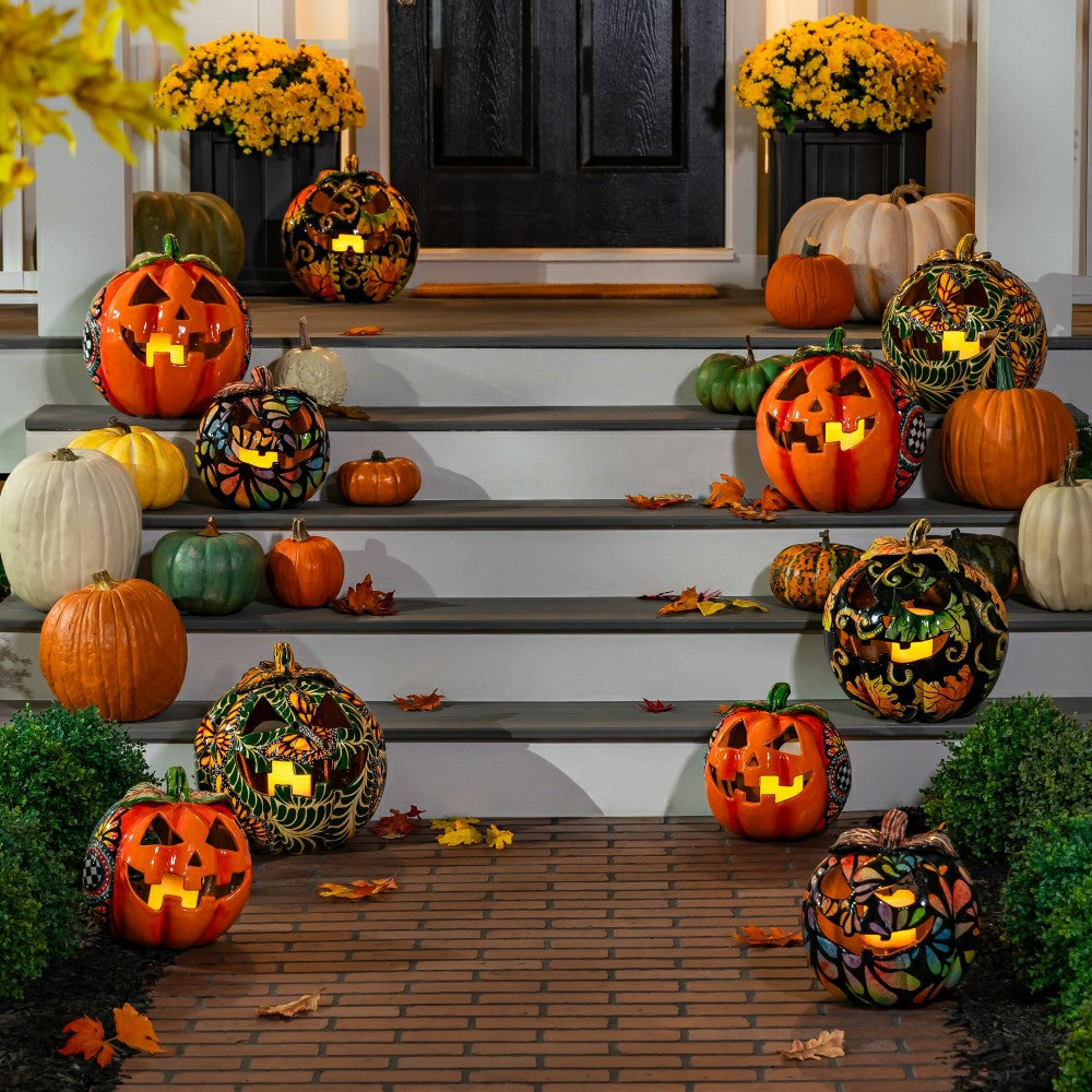 Plow & Hearth Checkered Flower Large Ceramic Talavera Harvest Pumpkin, Large