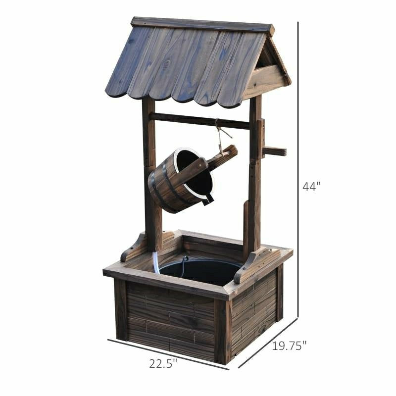Plow & Hearth Outdoor Garden Solid Wood Wishing Well Water Fountain with Bucket and