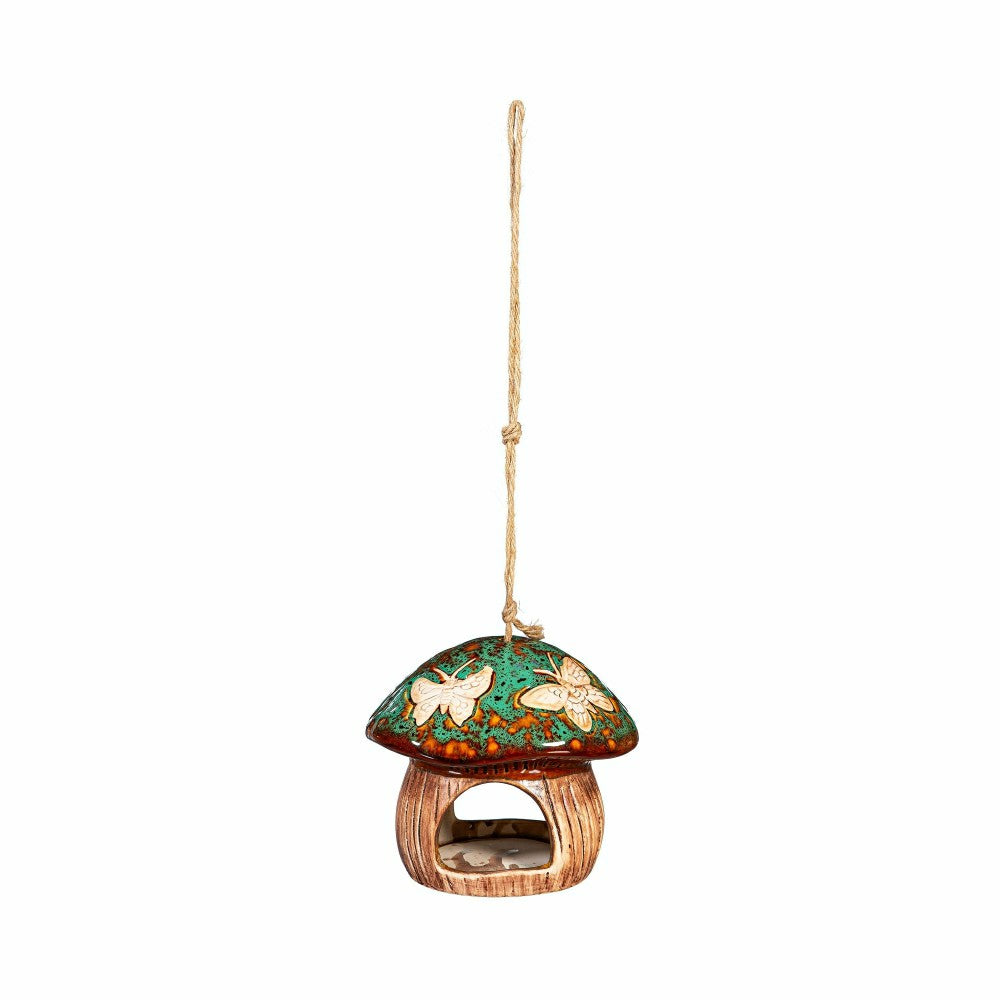 Plow & Hearth Garden of Wonder Bird Feeder, Ceramic Fantasy Green Mushroom