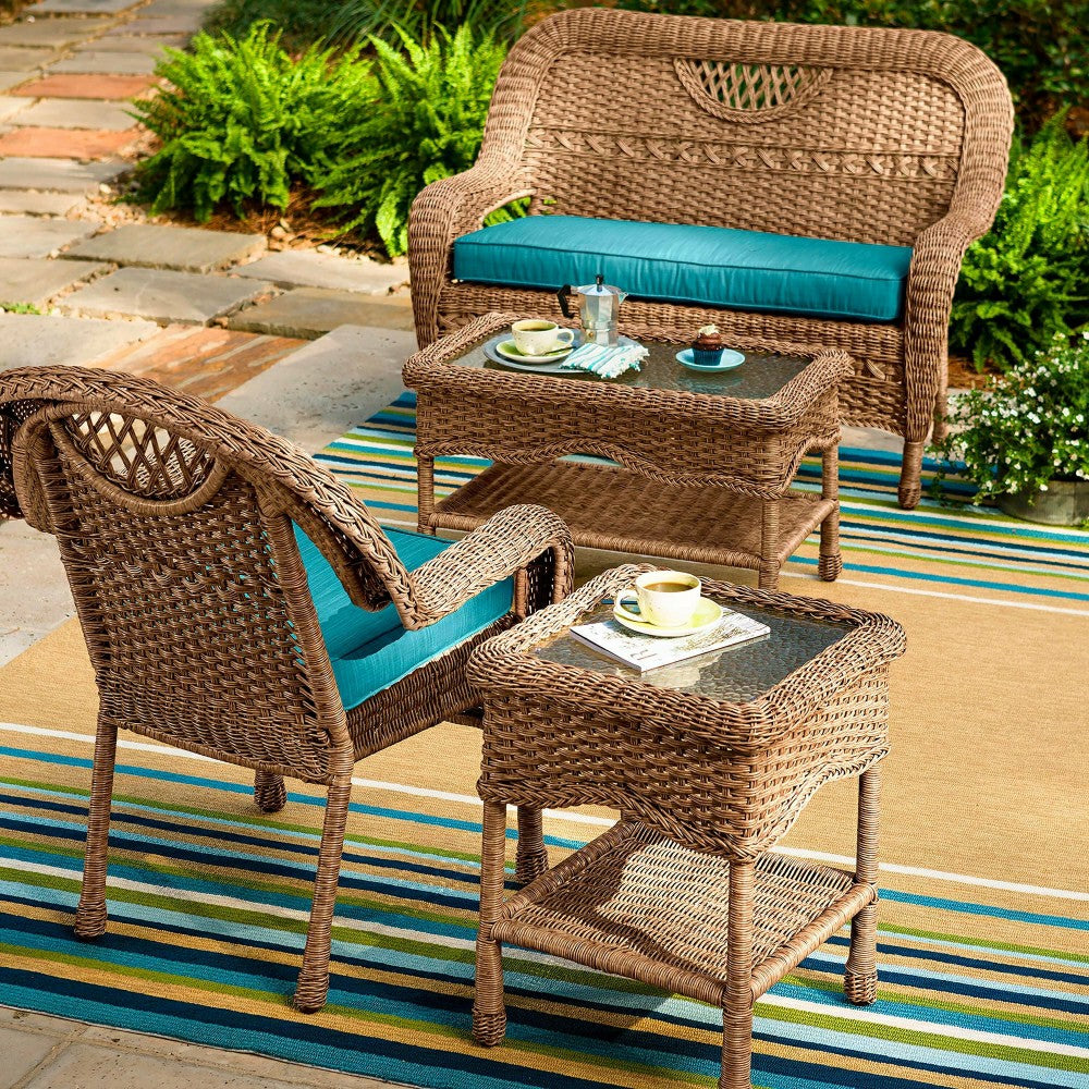 Plow & Hearth Wicker End Table with Glass Tabletop