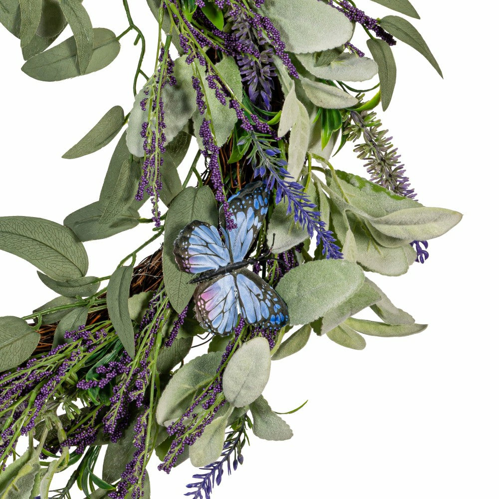 Plow & Hearth Cottage Garden Wreath Artificial Lavender with Butterflies, 21.5"