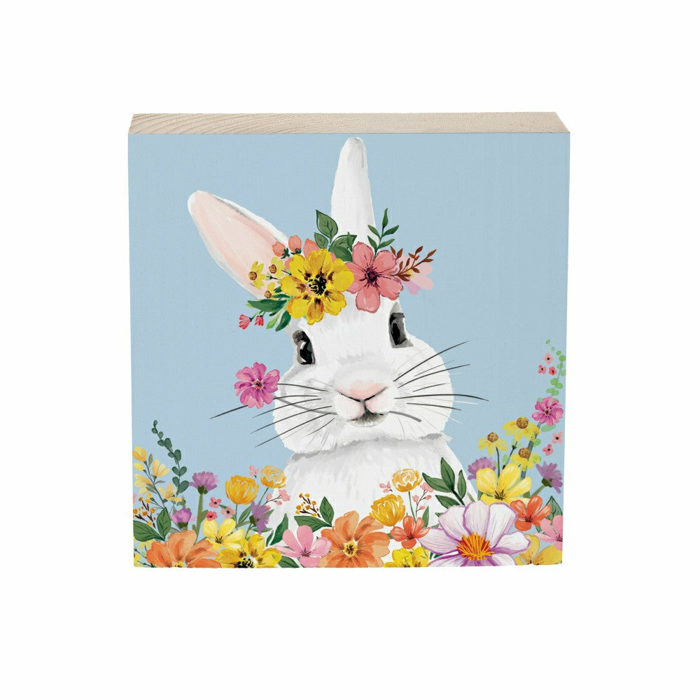 Plow & Hearth Bunny Blooms Sign Wood Block, 6"x6"