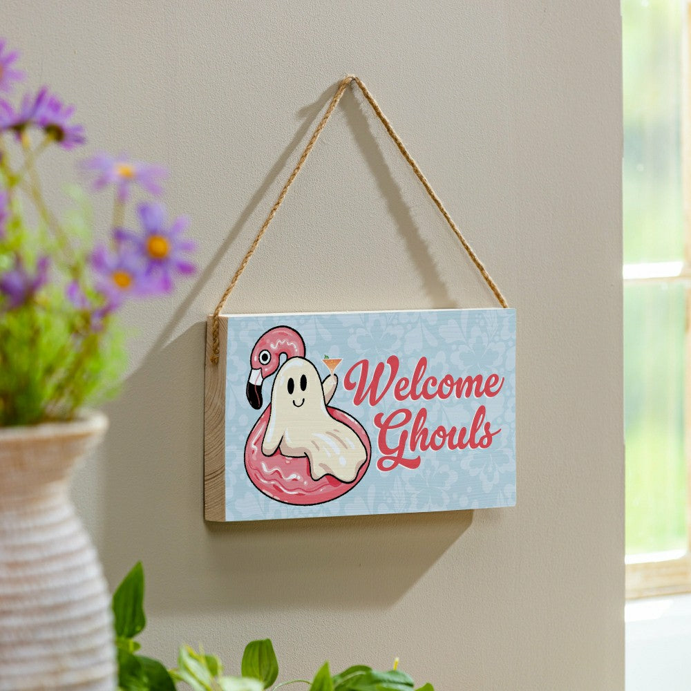 Plow & Hearth Summerweeen Hanging Sign, Welcome Ghouls, 11" L x 6" H
