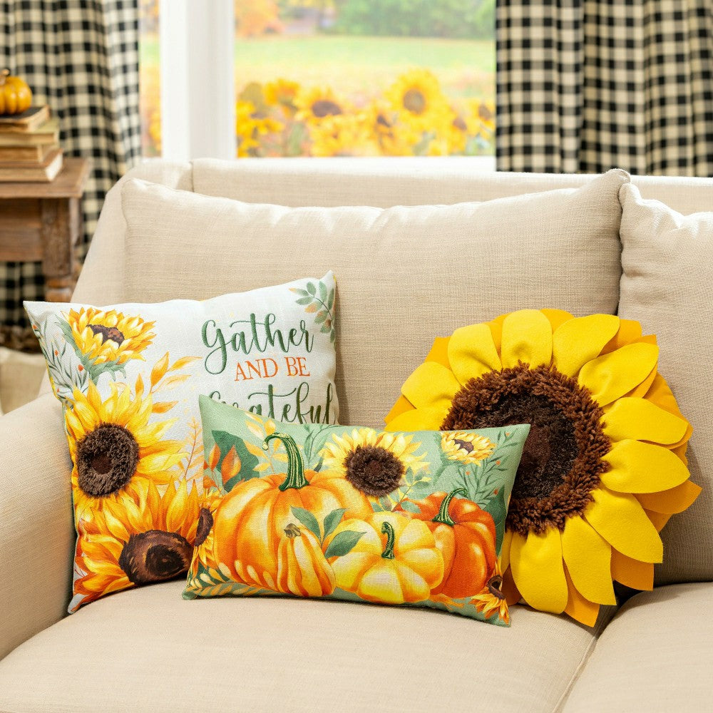 Plow & Hearth Grateful Gatherings Sunflower Shaped Pillow, 16"
