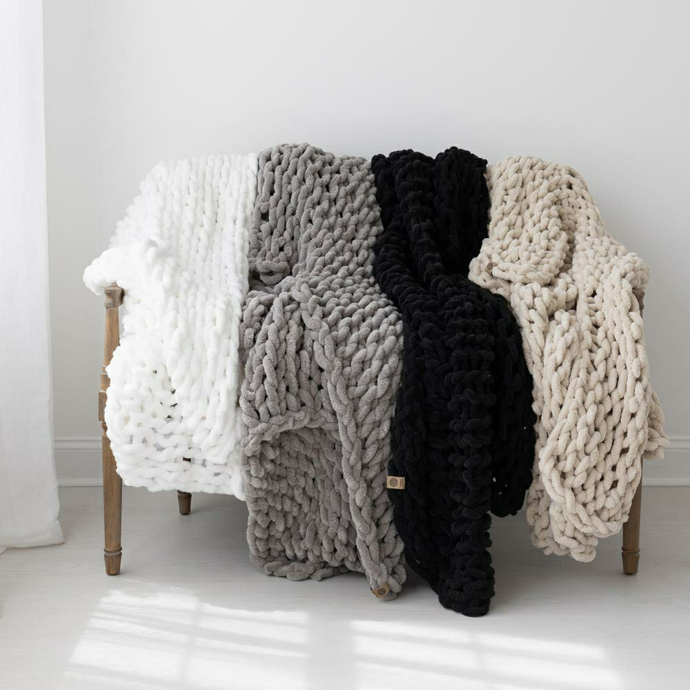 Plow & Hearth Infinite Chunky Knit Blanket, Minky, 43” x 70”, Blanc
