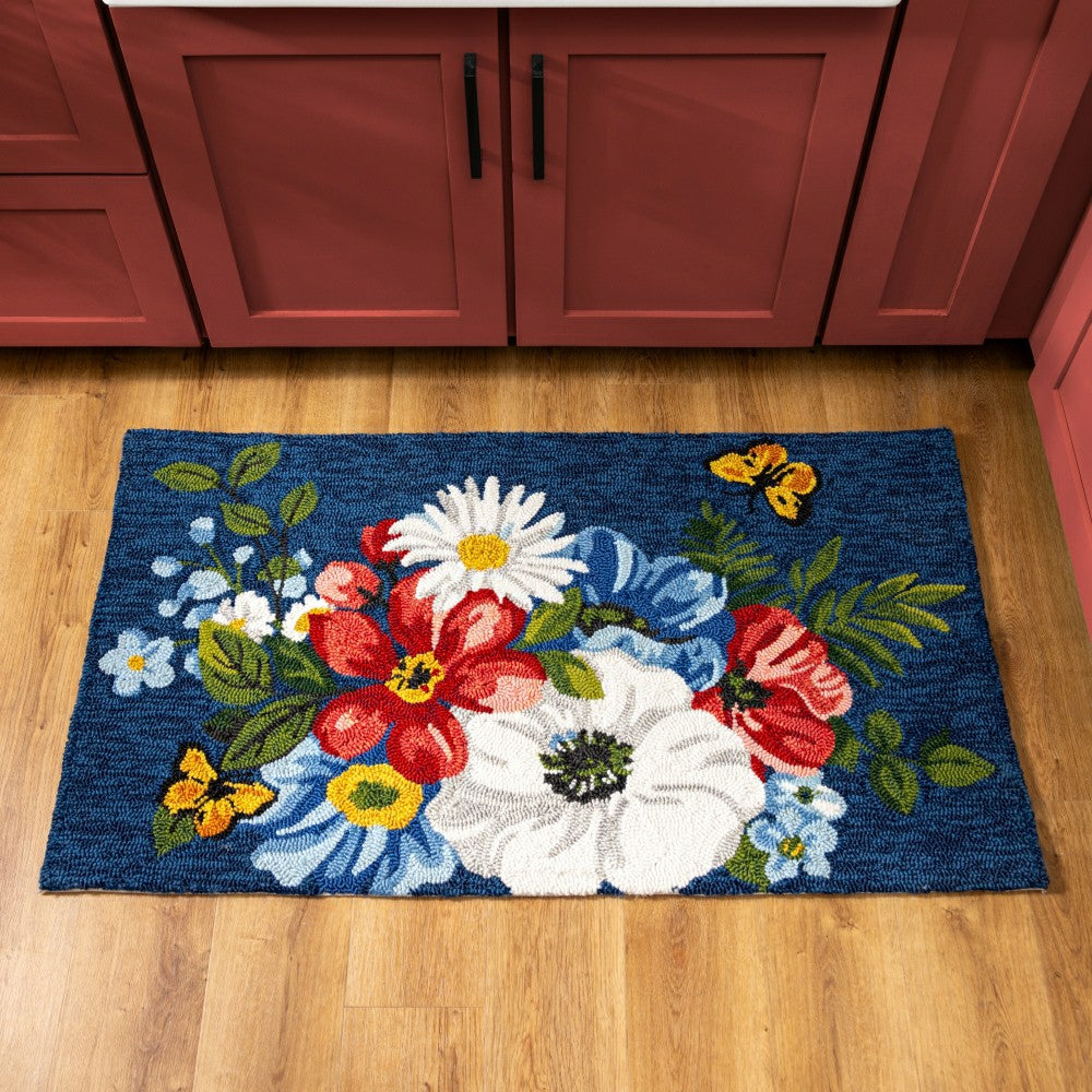 Plow & Hearth Midnight Floral Indoor/Outdoor Hooked Rug 24"x42"
