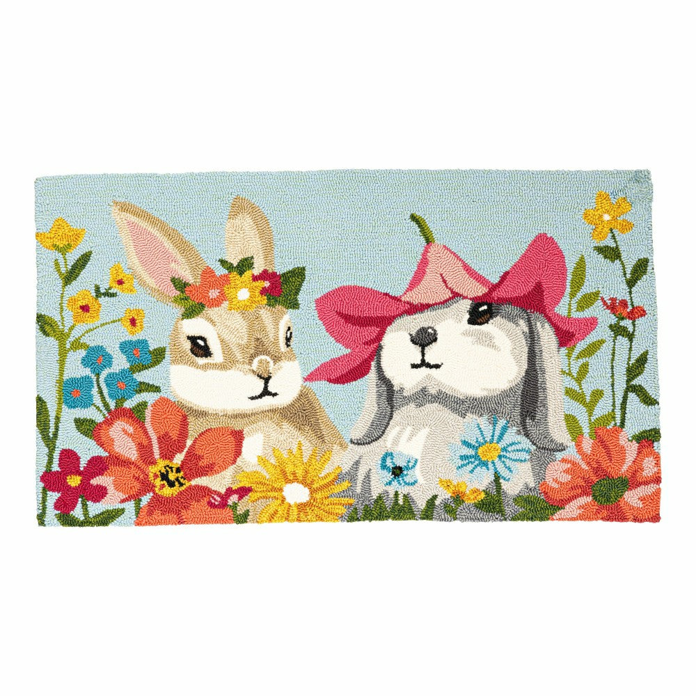 Plow & Hearth Bunny Blooms Flower Time Indoor/Outdoor Hooked Rug 24"x42"