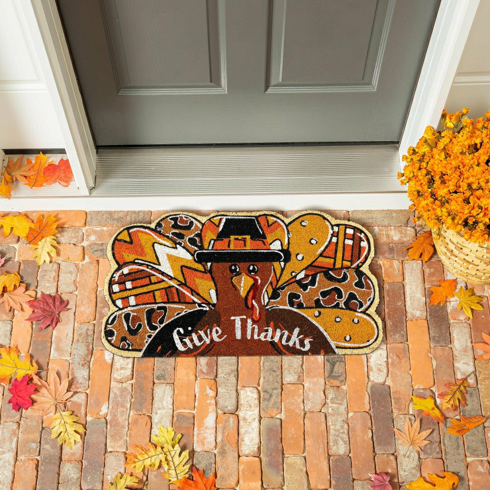 Plow & Hearth Give Thanks Patterned Turkey Shaped Coir Mat