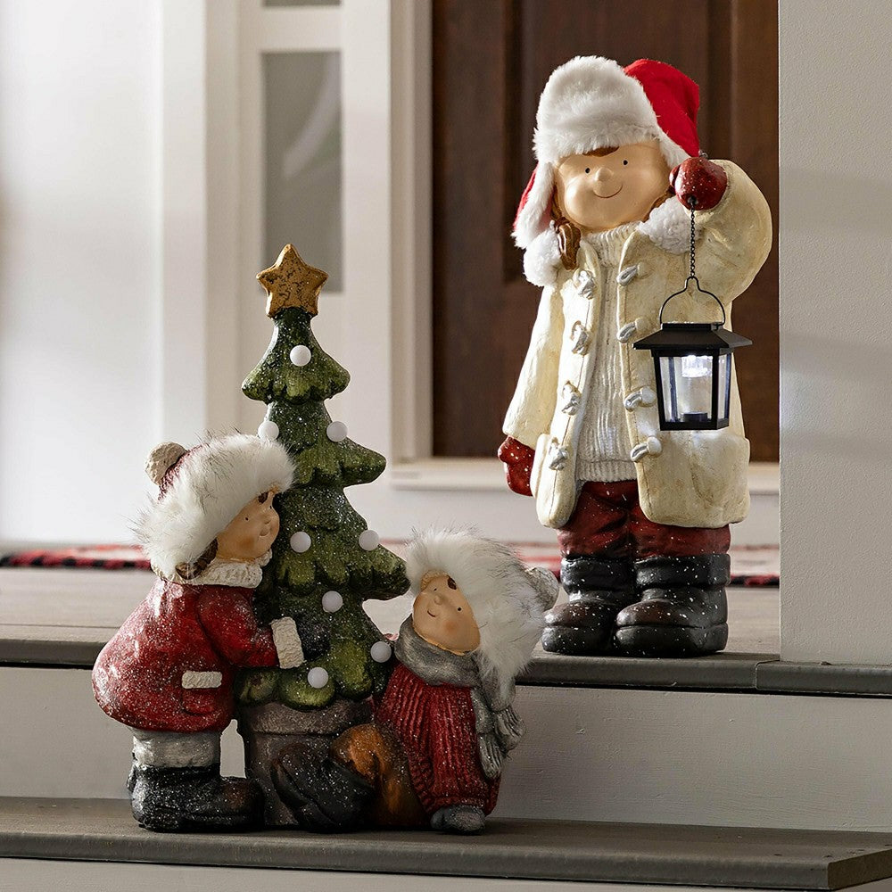 Plow & Hearth Wintertime Children with Lanterns Solar Garden Statues, Set of 2