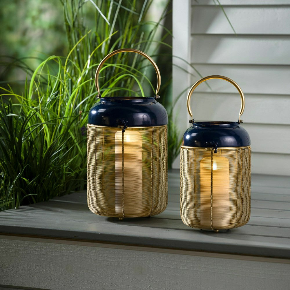 Plow & Hearth Blue and Gold Metal Lanterns, Set of 2