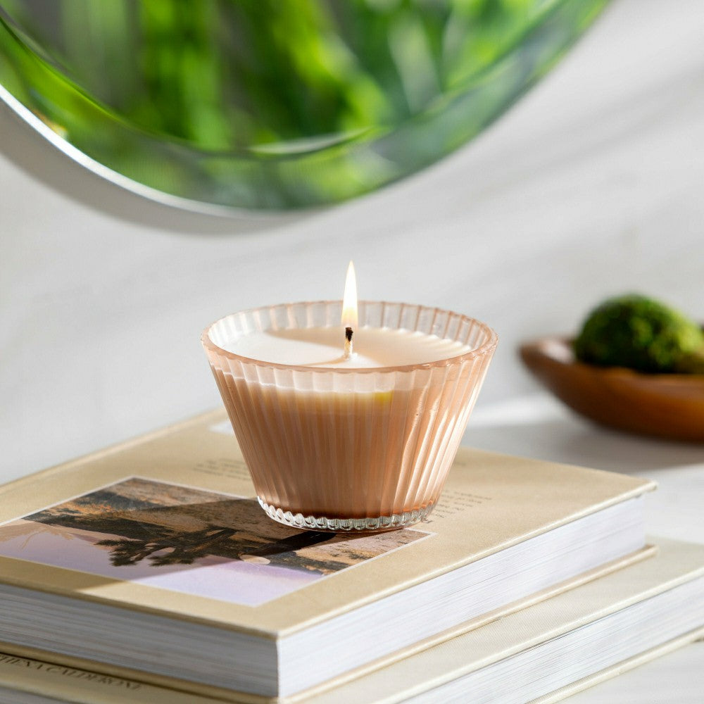 Plow & Hearth Ribbed Cupcake Glass Candle, Rose Smoke