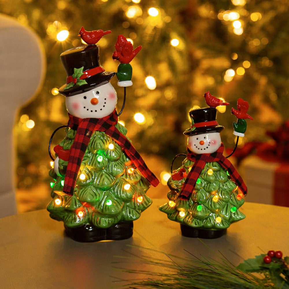 Plow & Hearth Lighted Christmas Tree Snowmen, Set of 2
