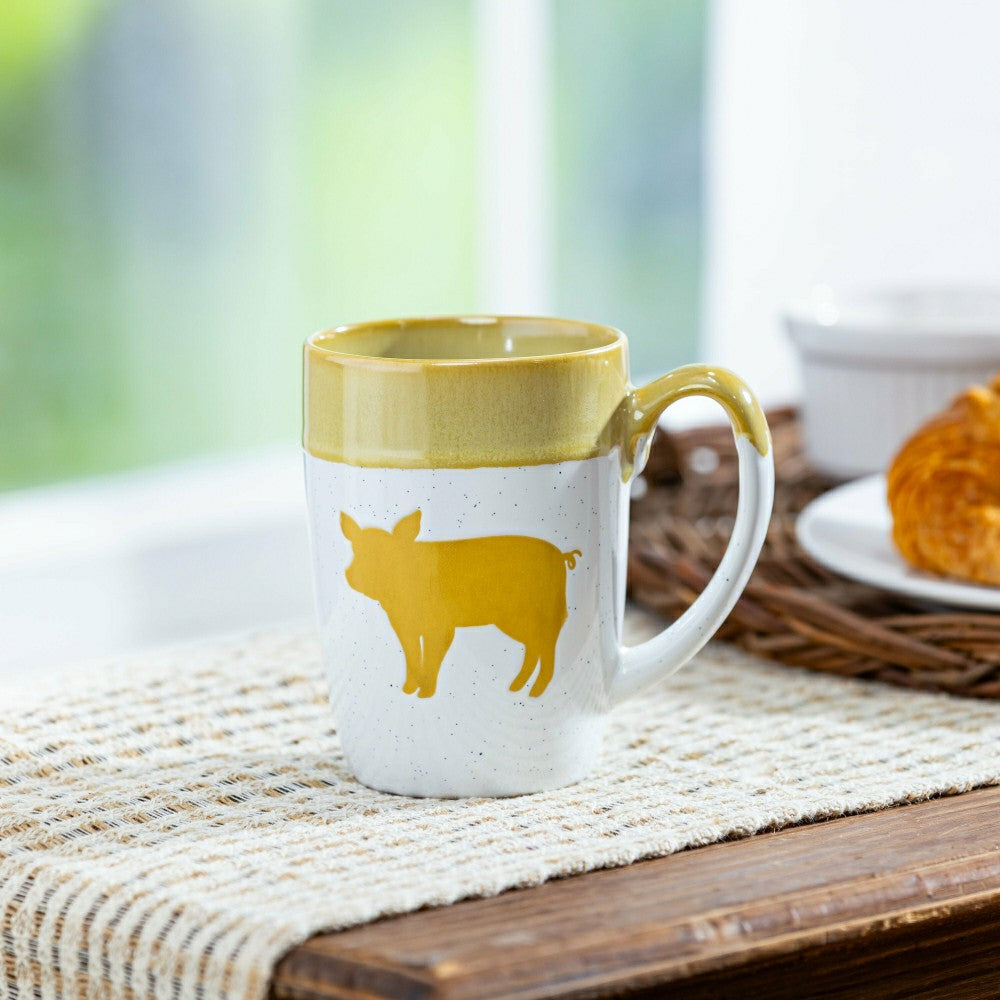 Plow & Hearth Hillside Pasture Coffee Cup Ceramic Artisanal, Farm Pig Yellow, 14oz,