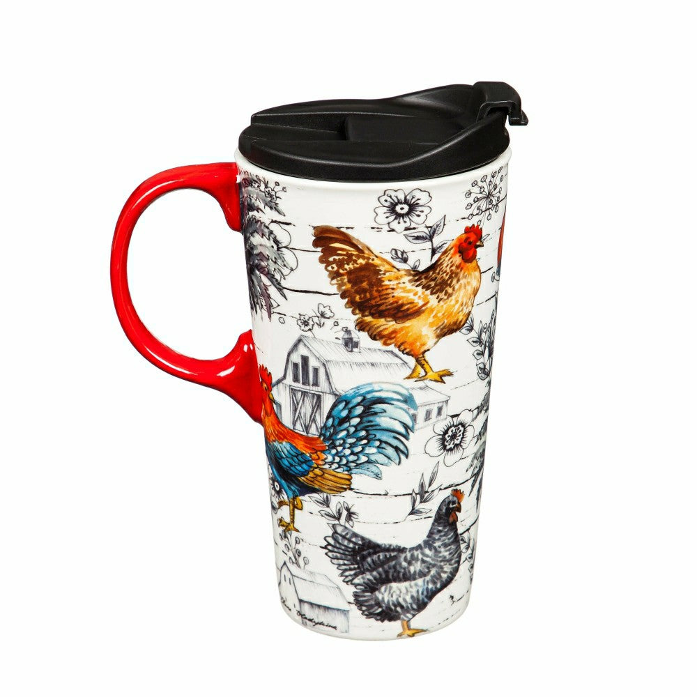 Plow & Hearth Hillside Pasture Travel Cup Ceramic Perfect Cup, Chicken Collage, 17oz