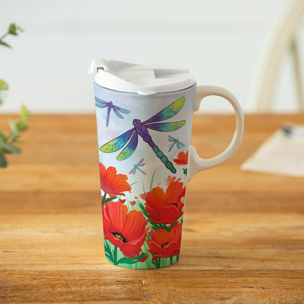 Plow & Hearth Pollinator Garden Travel Cup Ceramic Perfect Cup, Dragonfly and Poppie