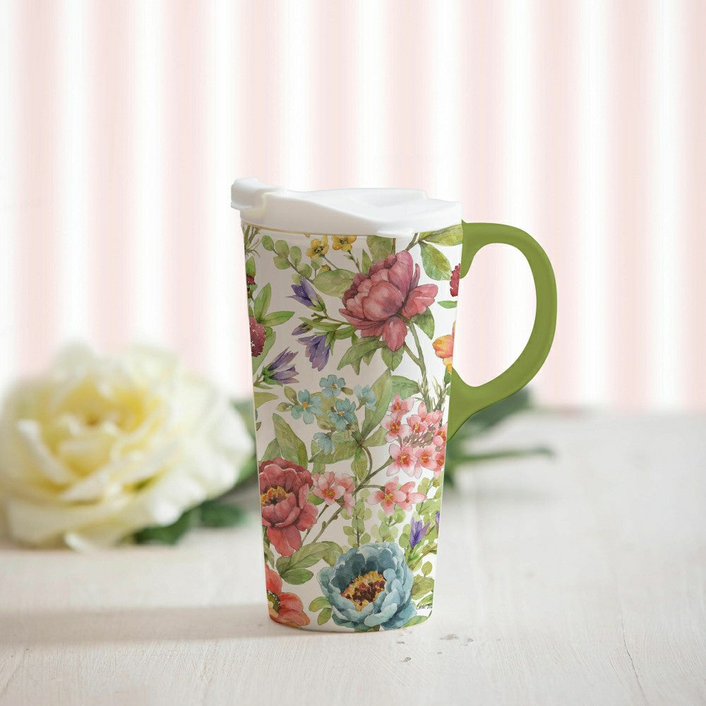 Plow & Hearth Hillside Pasture Travel Cup Ceramic Perfect Cup, Florals from the Gard
