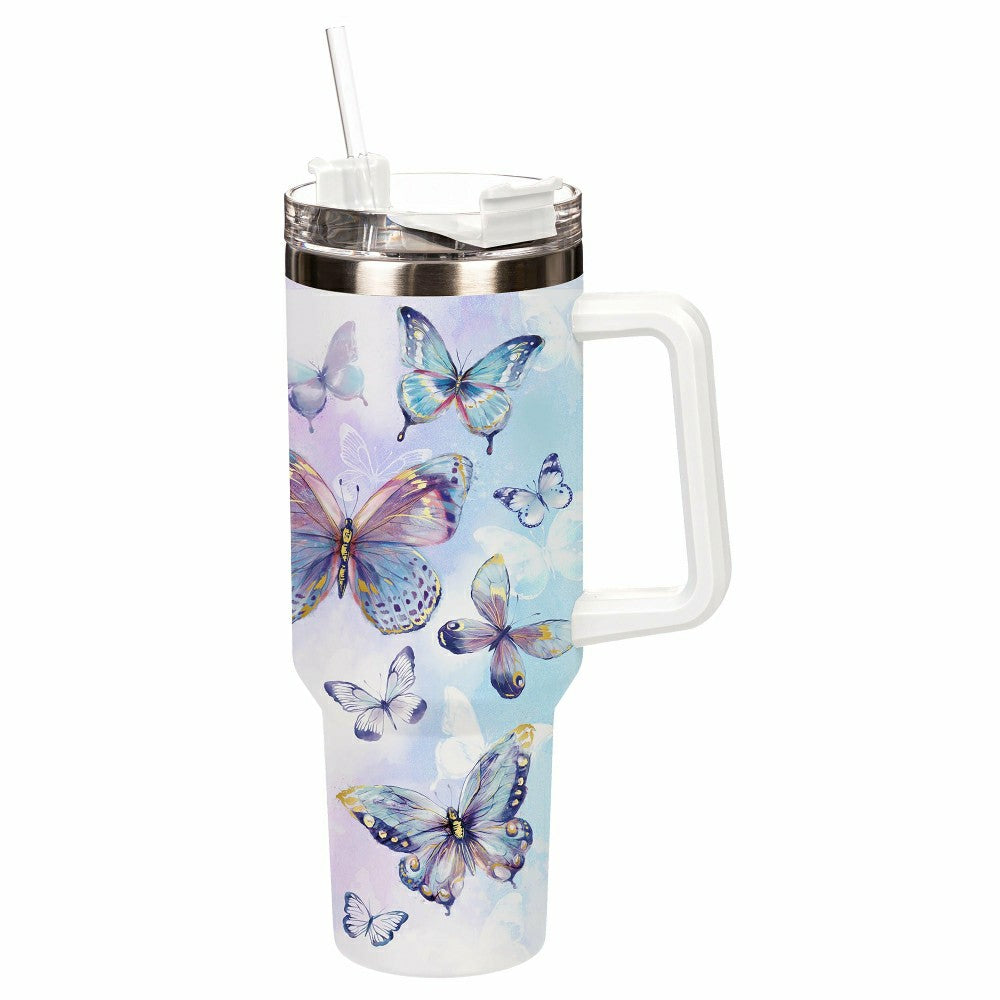 Plow & Hearth Season To Sparkle Tumbler Stainless-Steel Canyon Cup w/ Straw, Butterf
