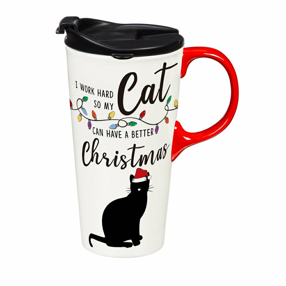 Plow & Hearth Heartfelt Cheer Travel Cup Ceramic Perfect Cup, Cat, 17oz, Gift Box
