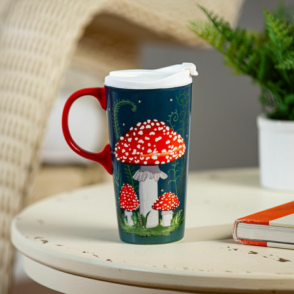 Plow & Hearth Garden of Wonder Travel Cup Ceramic Perfect Cup, Mushroom Forest, 17oz