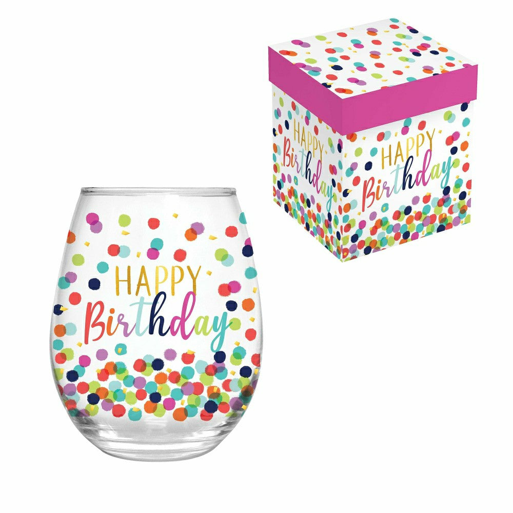 Plow & Hearth 17 OZ Stemless Glass w/Box, Happy Birthday