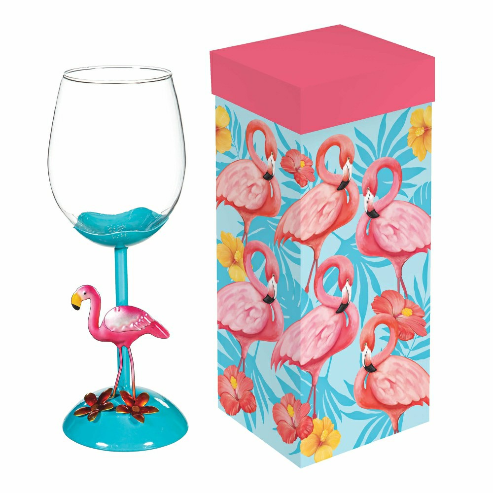 Plow & Hearth Flamingo Coastal Wine Glass, 17oz, Gift Box