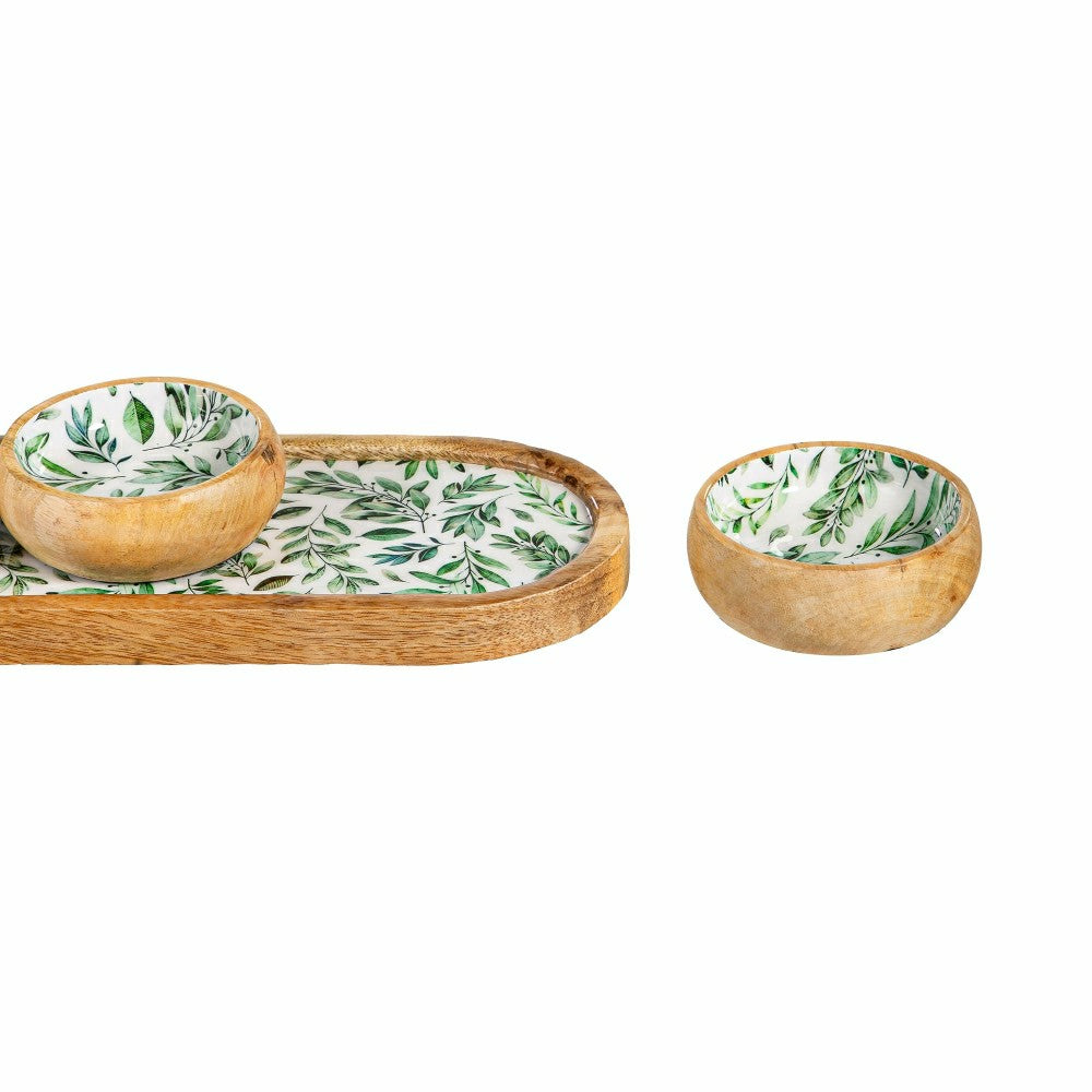 Plow & Hearth Olive Oasis 3-Section Wood Server with Bowls, 13"L