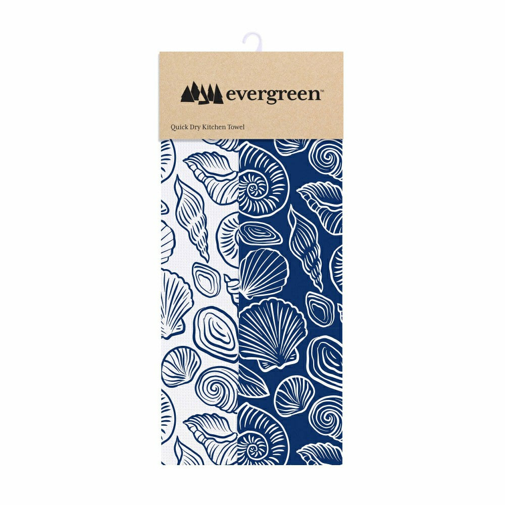 Plow & Hearth Blue Coastal Kitchen Towel Quick Dry Waffle Weave Double-Sided, Shells