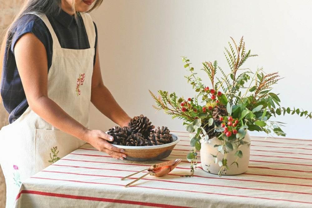 Plow & Hearth Red Stripe Linen Tablecloth