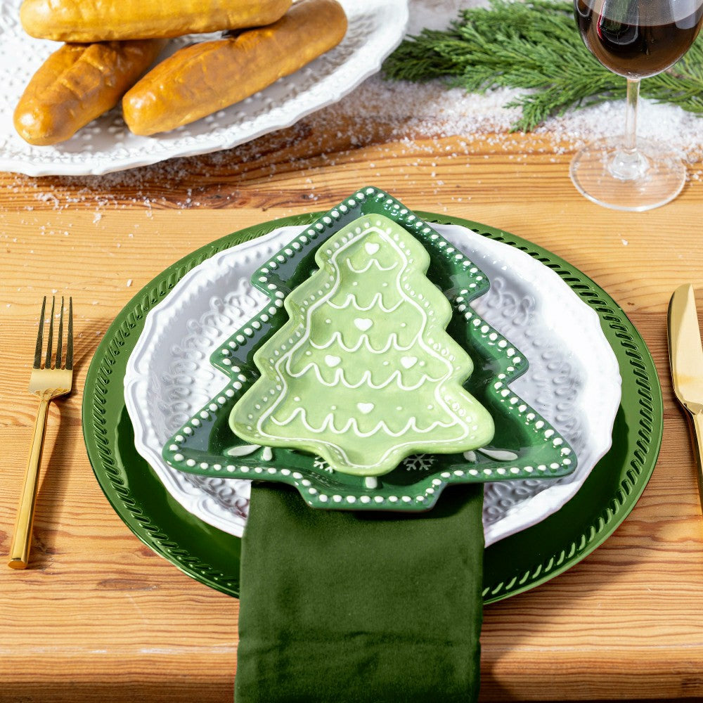 Plow & Hearth Shades of Green Tree Shaped 8.25" Embossed Ceramic Appetizer Plate, Se