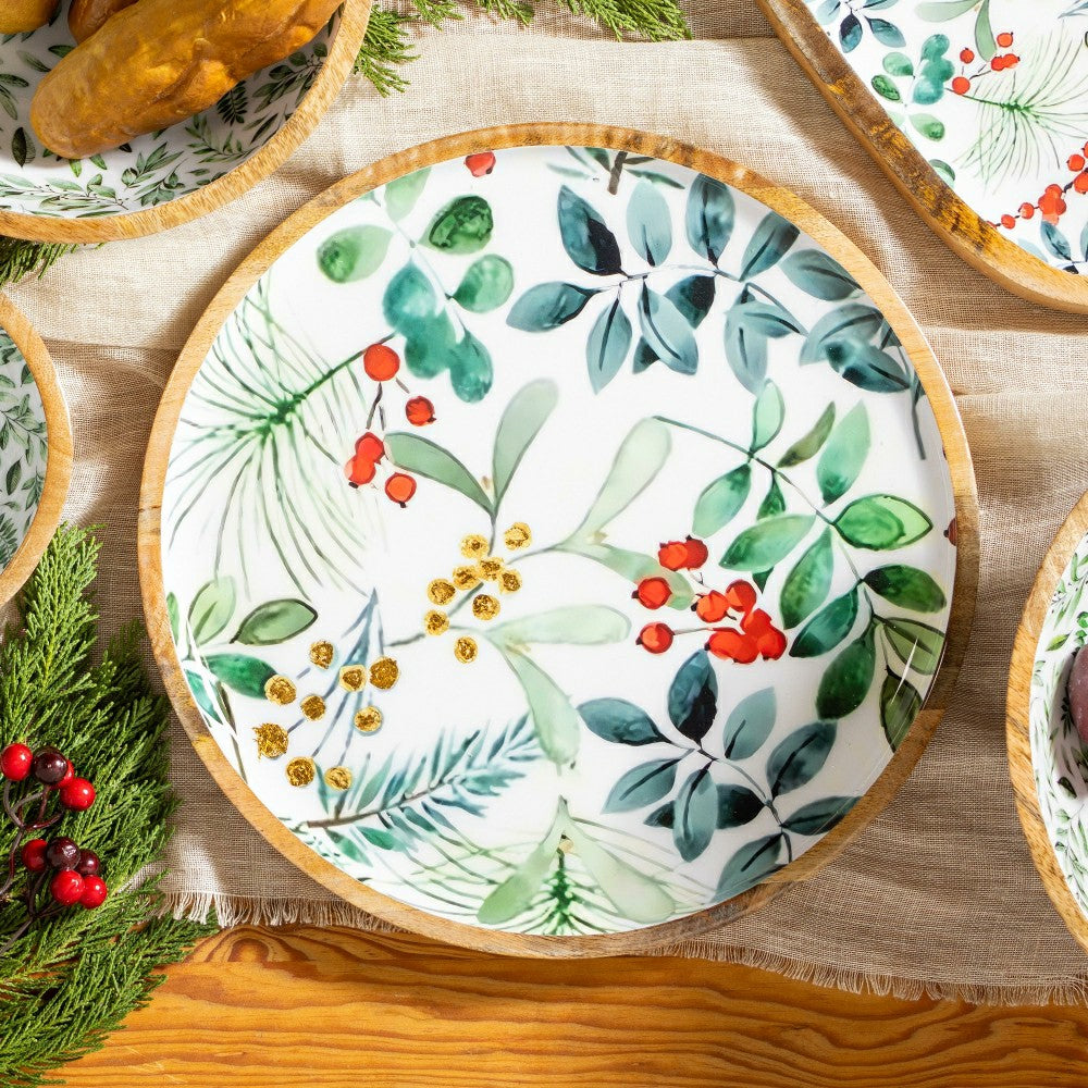 Plow & Hearth VivaStyle Platter, Round Wood Platter, Festive Foliage, 14"L