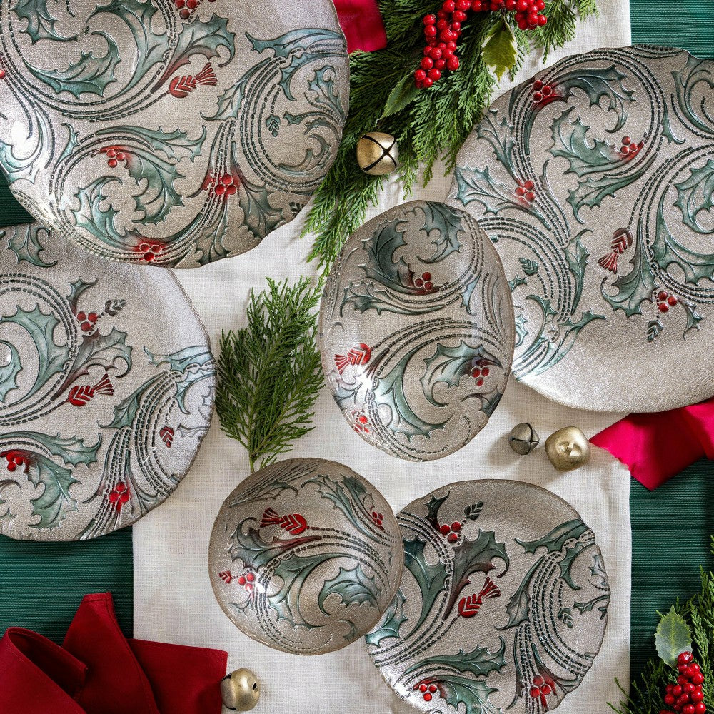 Plow & Hearth Joyful Traditions Holly and Berries 10.5" Glass Dinner Plate, Set of 6