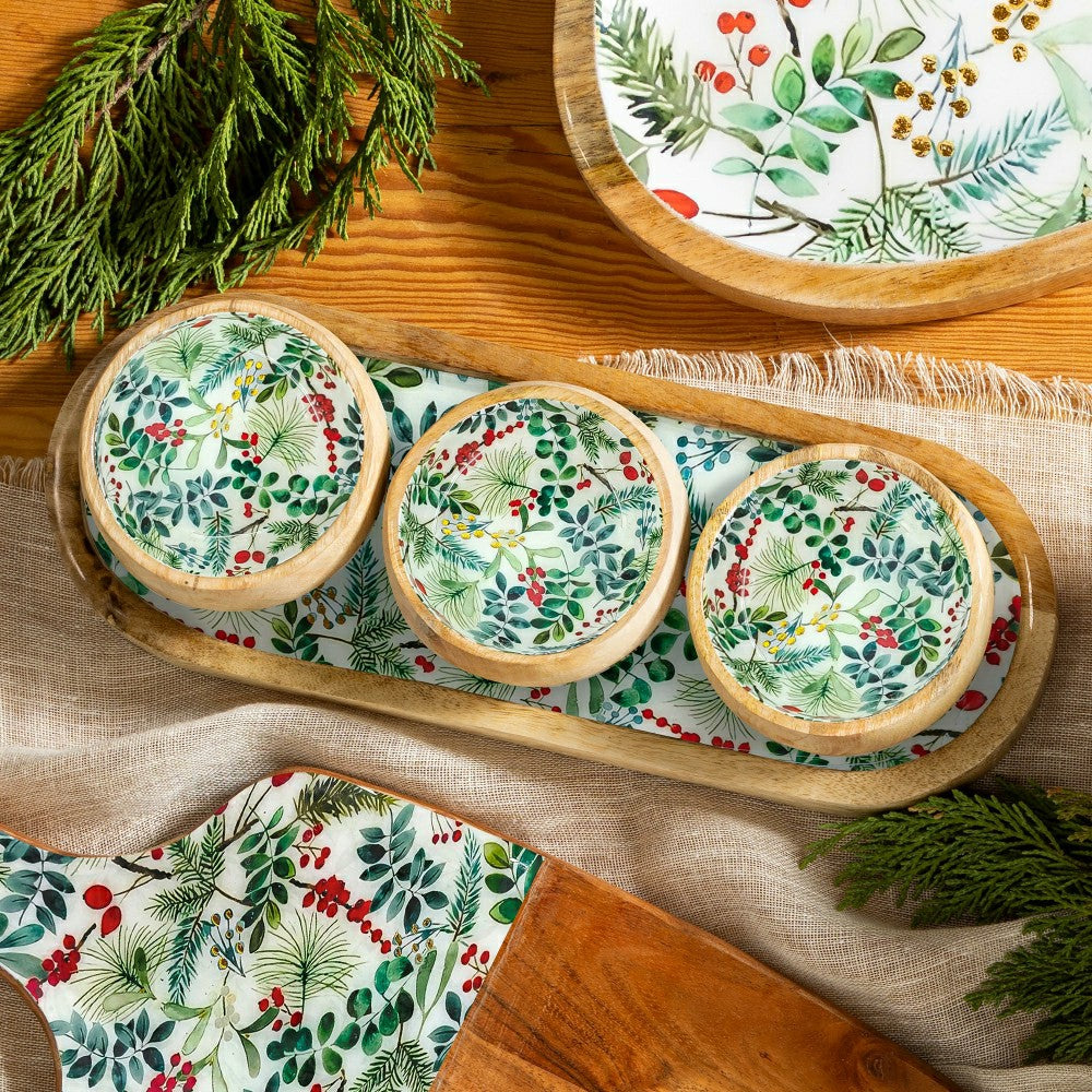 Plow & Hearth VivaStyle Playful Poinsettia , 3-Section Wood Server with Bowls, Festi