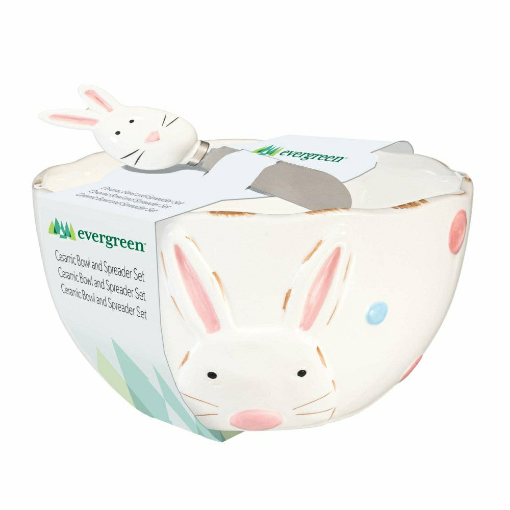 Plow & Hearth Hop Into Spring Serveware Ceramic Bunny Bowl and Spreader, Set of 2