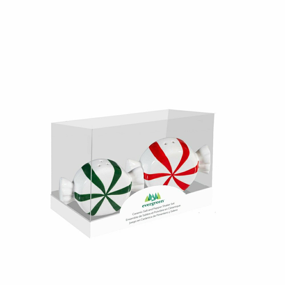 Plow & Hearth Sugar & Stripes Bright Salt & Pepper Shakers Ceramic Peppermint Candy,