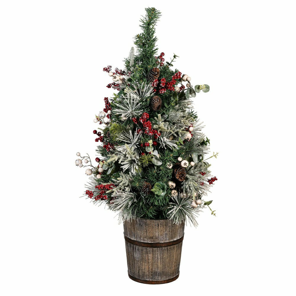 Plow & Hearth Winter Grove Tree Artificial LED Wood Potted Frosted Holly Berry, 32"H
