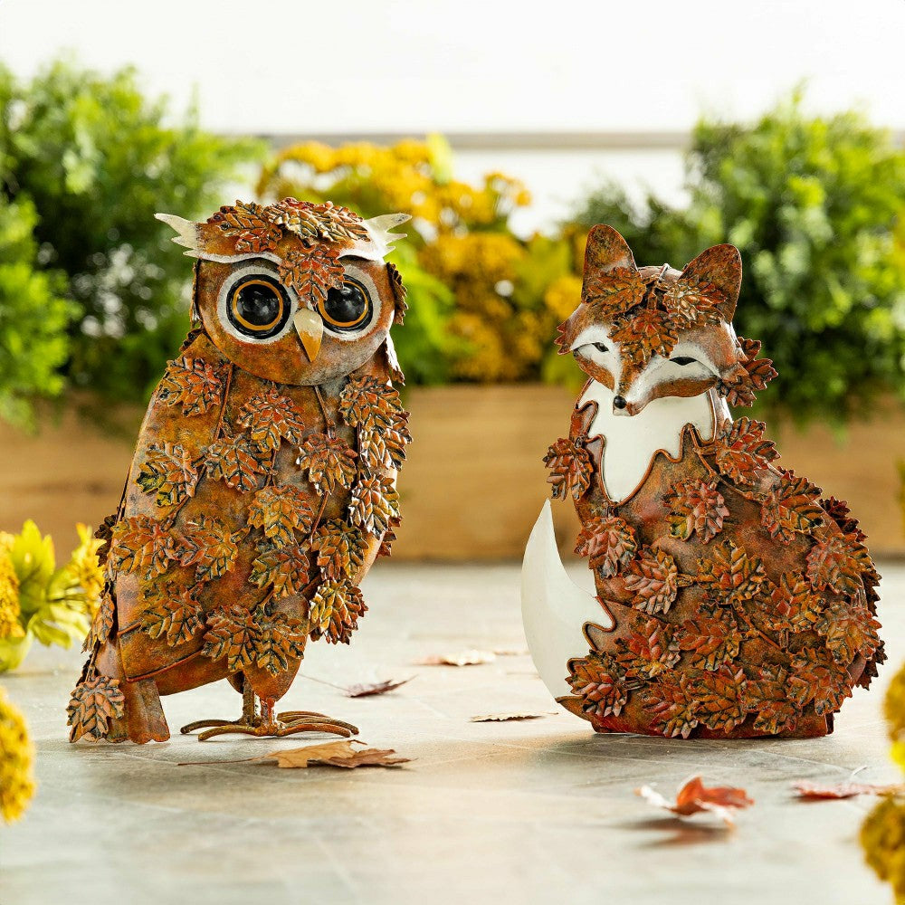 Plow & Hearth Handcrafted Metal Fox Sculpture Draped in Fall Leaves