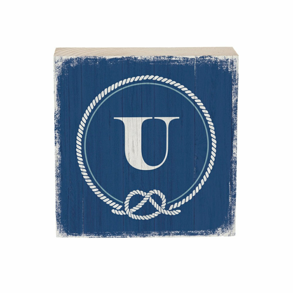 Plow & Hearth Coastal Monogram Nautical Sign Wood Block "U", 6"x6"