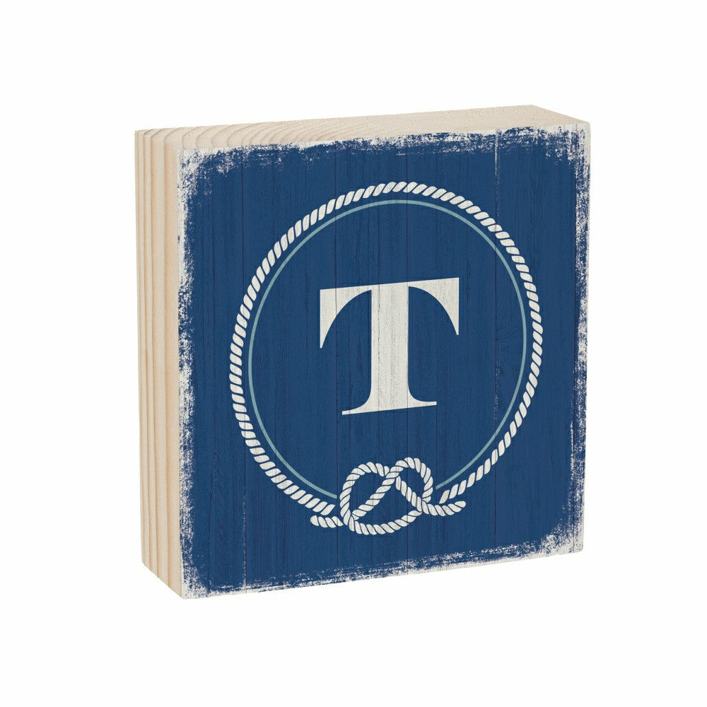Plow & Hearth Coastal Monogram Nautical Sign Wood Block "T", 6"x6"