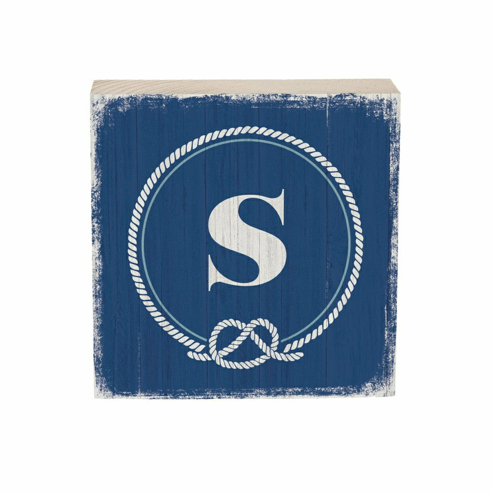 Plow & Hearth Coastal Monogram Nautical Sign Wood Block "S", 6"x6"