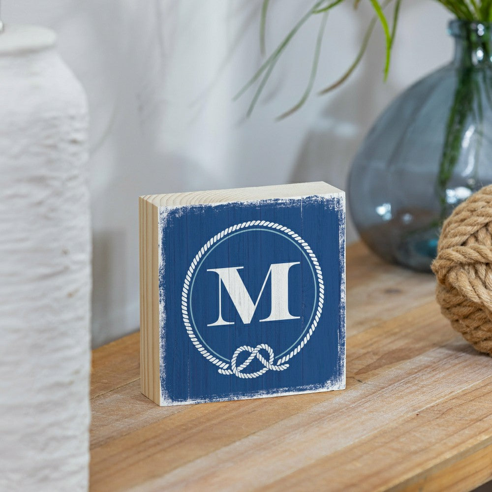 Plow & Hearth Coastal Monogram Nautical Sign Wood Block "M", 6"x6"