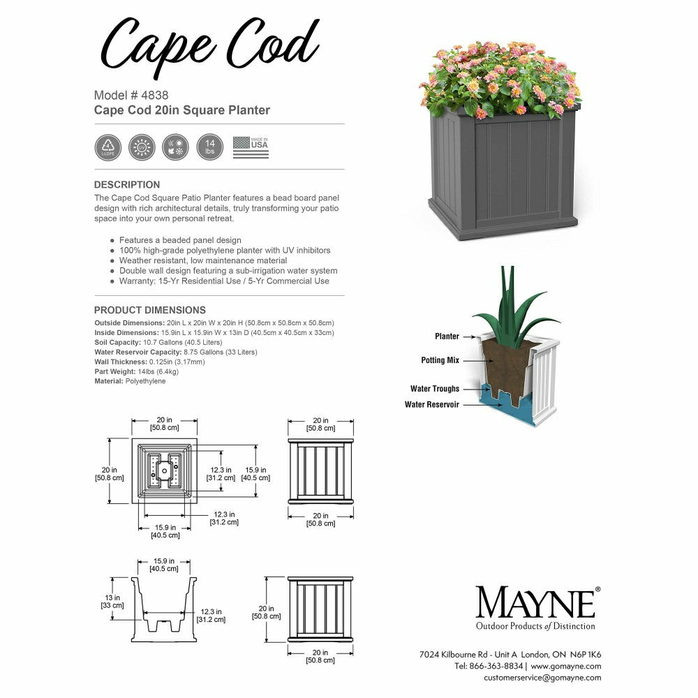 Plow & Hearth Lexington Self-Watering Planter, 20" sq.