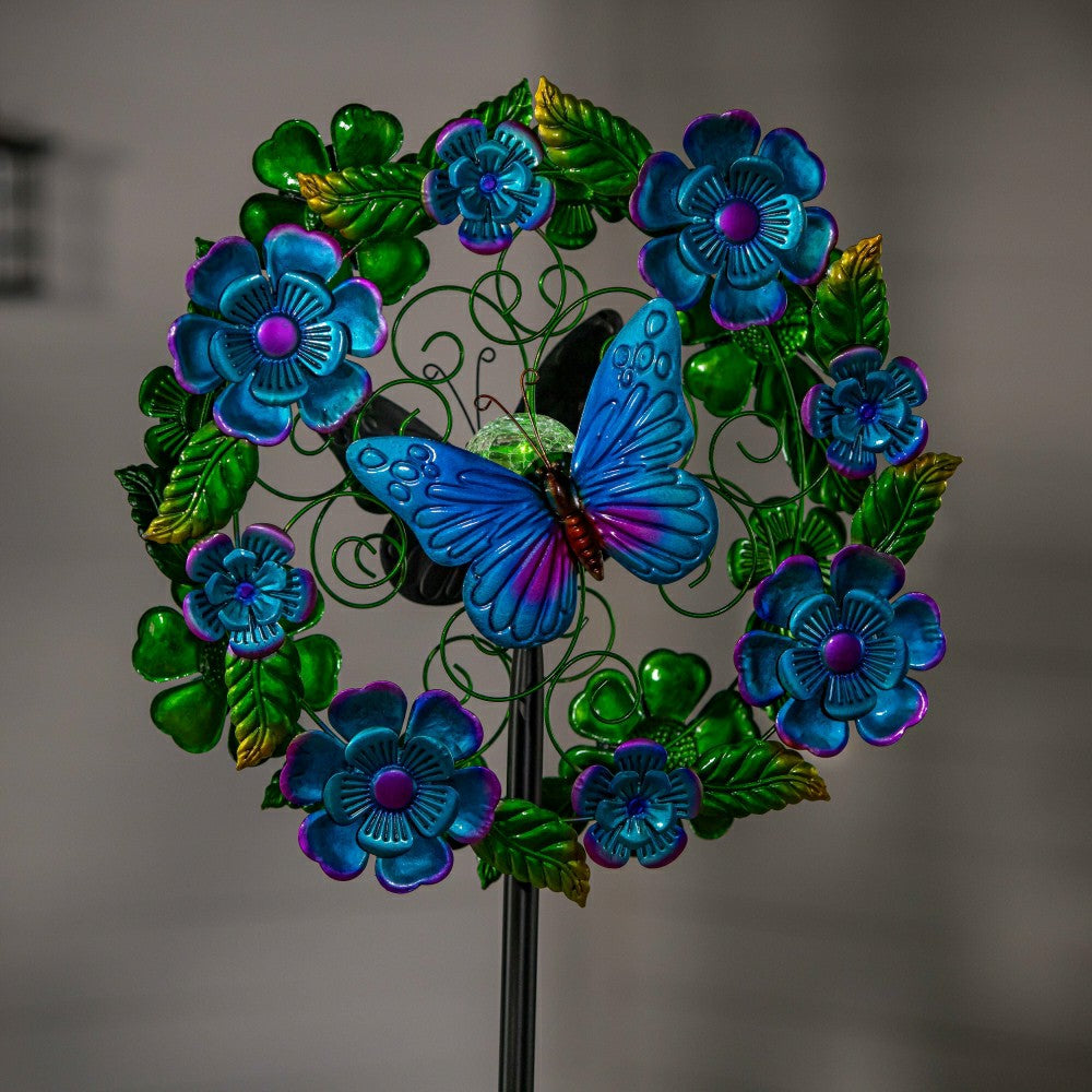 Plow & Hearth Solar Metal Wind Spinner, Blueflower & Butterfly, 74"H