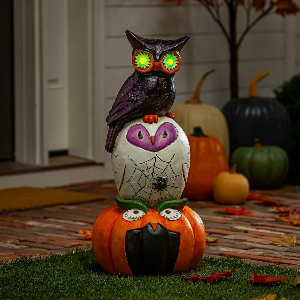 Plow & Hearth Stacked Owl and Jack O'Lantern Pumpkin LED Statue, 24"H