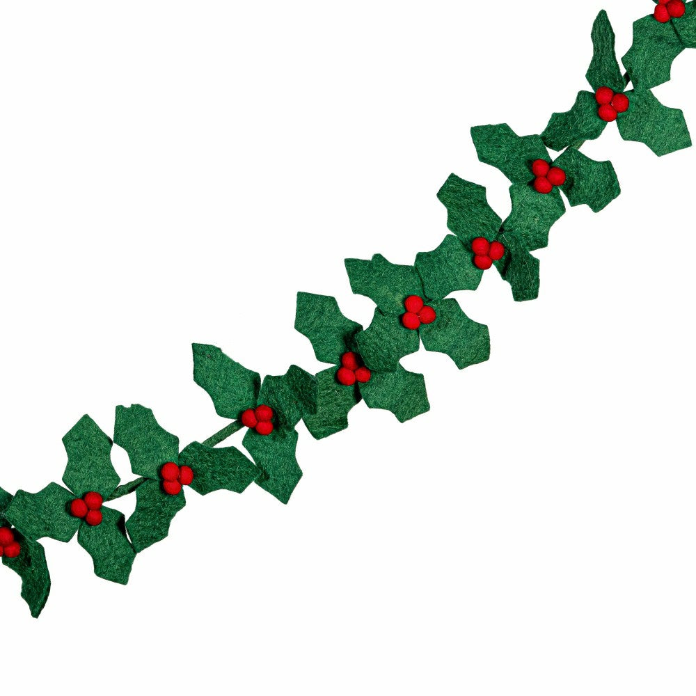 Plow & Hearth Holiday Poinsettia Garland Holly and Berries Fabric, 75"L