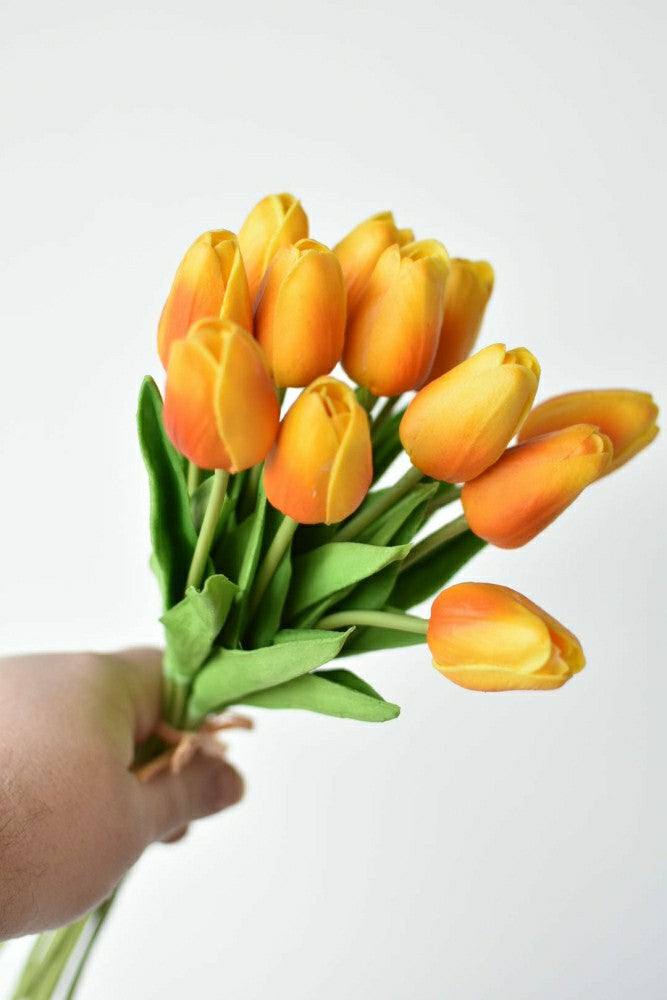 Plow & Hearth 13.5" Faux Real Touch Orange/Yellow Tulip Bundle : 12 Stems