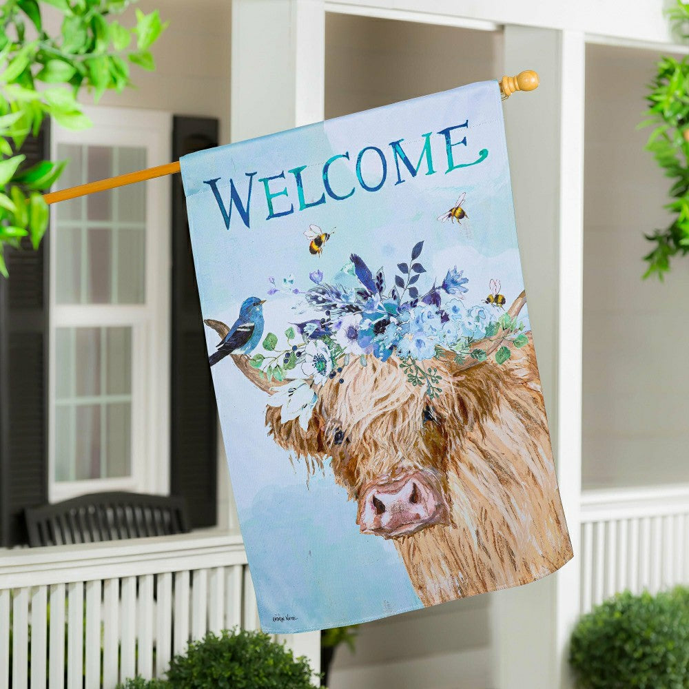 Plow & Hearth Hillside Pasture Floral Cow Suede House Flag