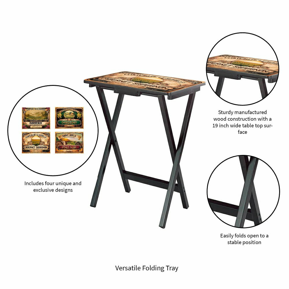 Plow & Hearth Classic Wine Label Wooden Set of 4 TV Tray Tables with Stand