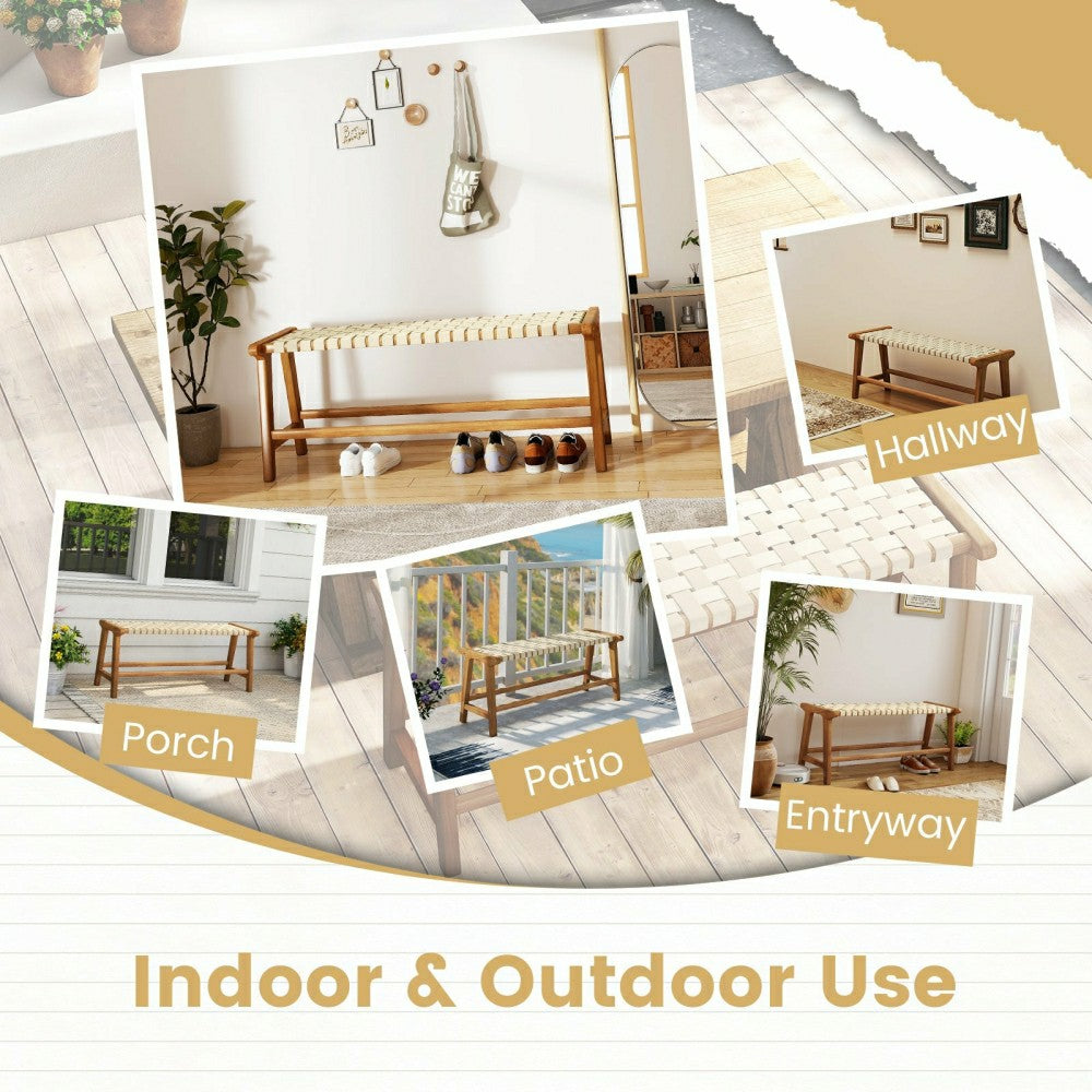 Plow & Hearth Teak Wood Patio Bench with Woven Seat