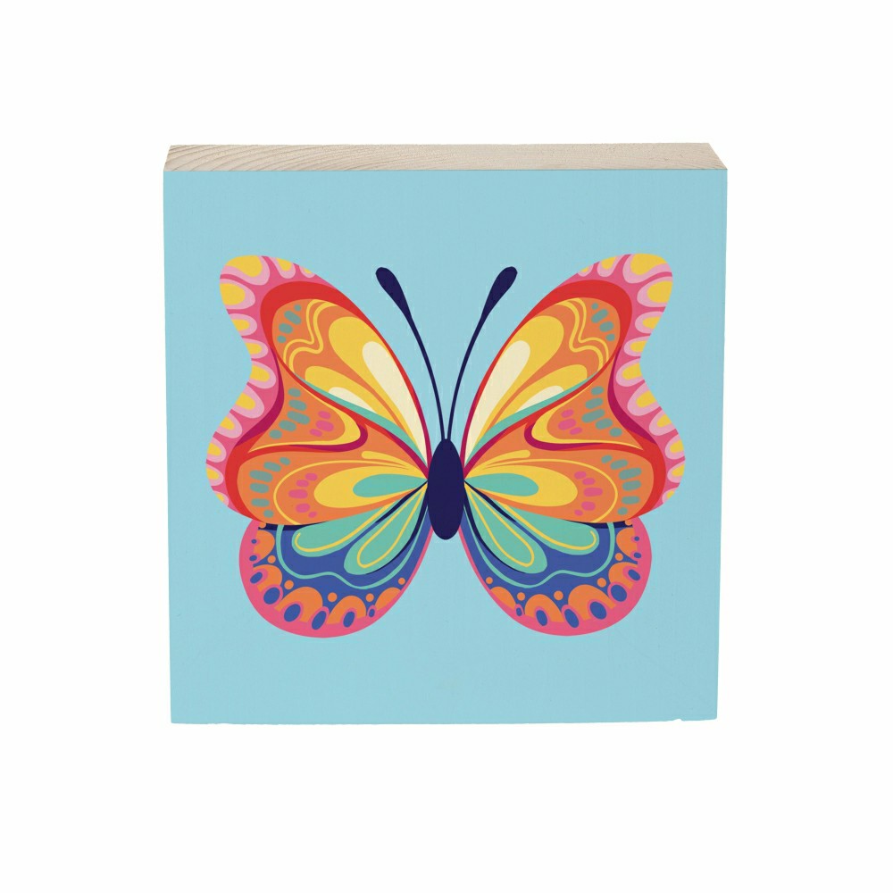 Plow & Hearth Bunny Blooms Butterfly Sign Wood Block, 6"x6"